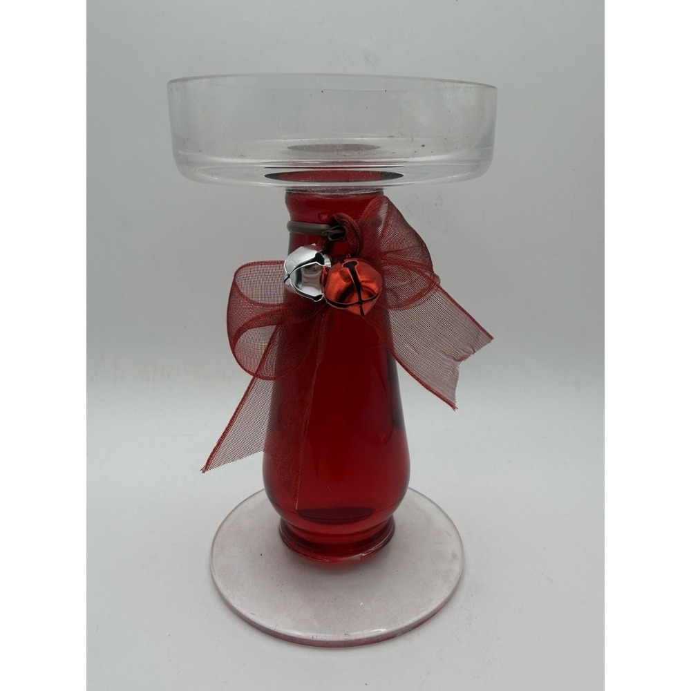 Red Clear Glass Pillar Candle Holder Pedestal Jingle Bell Bow Christmas Decor